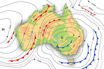 Forecast weather map of Australia. Meteorological, topography and physical map. Template of synoptic map showing of movement fronts cyclone and anticyclone wind in graphic chart, isobars, temperature.