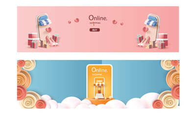 online shopping on phone buy sell business digital  web banner application money advertising payment ecommerce vector illustration search