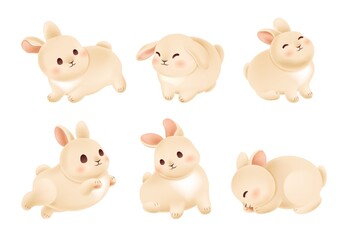 Set of 3d cute rabbits on white isolated background. Funny hares for Chinese mid autumn festival design. Vector illustration animals. Flying, sitting and standing bunny for decoration oriental holiday