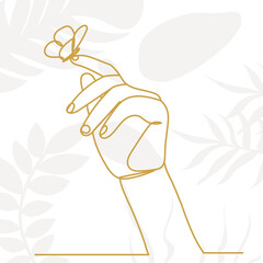 hand with butterfly drawing in one continuous line, on abstract background, vector
