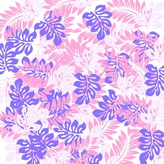Fototapeta na wymiar Watercolor seamless pattern with colourful leaf. Romantic wedding background. Blue and pink bright summer seamless pattern. Can be used for any kind of design