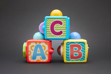 Kids alphabet block. Alphabet Block Spelling ABC stacked vertically isolated on black background.