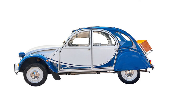 Empoli, Italy - May 23, 2022: Citroen 2CV blue and white retro vintage. Antique French historic car.