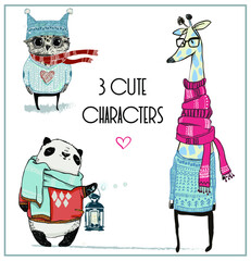 cute animals - giraffe, panda and owl - 509763912