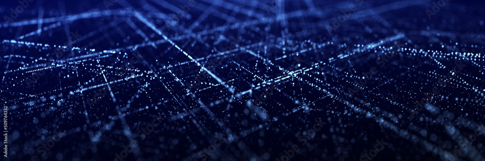 Poster Futuristic circuit board concept. Progressive IT technologies. Digital data flow concept. Big data visualization. 3d rendering.