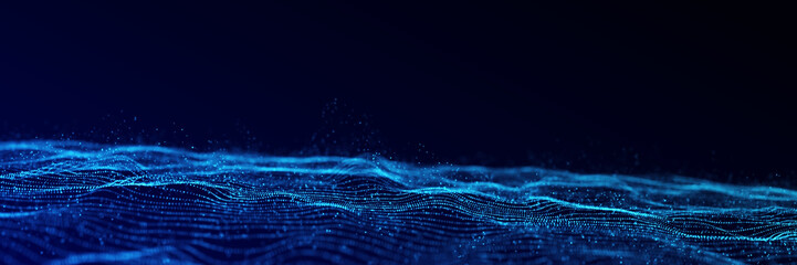 Dynamic blue particle wave. Futuristic point wave. Flow digital structure. Data technology background. 3D rendering.