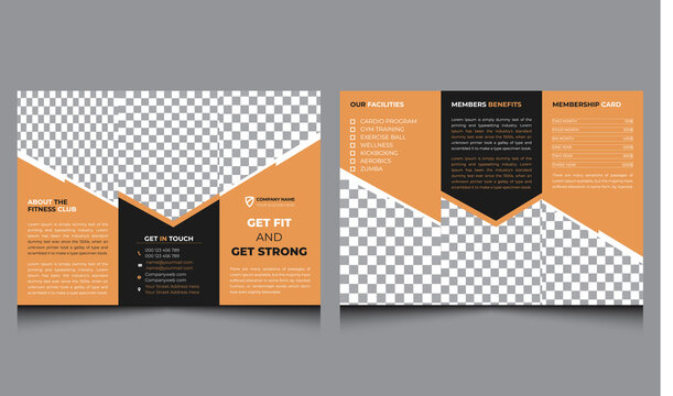 Simple unique clean creative professional orange corporate modern sports gym fitness trifold brochure design template.