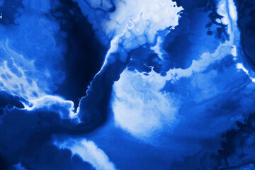 Hand-painted watercolor background. Trendy dark blue water art illustration. Abstract liquid stains texture