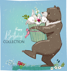 Birthday card with bear and hares