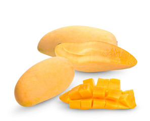 Ripe yellow Mango with cut in half isolated on white background.