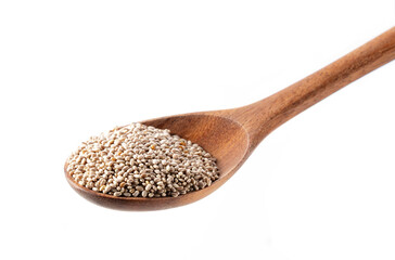 Wooden spoon and white chia seeds placed on white background.