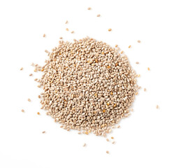 White chia seeds placed on a white background