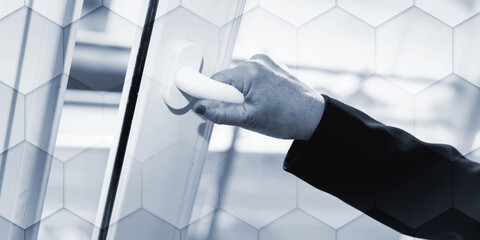 Hand opening a window, geometric pattern