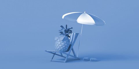 Summer vacation concept with pineapple with sunglasses on beach chair. Copy space. 3D illustration.