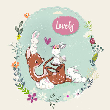 Cute greeting card with fawn and hares