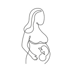 Pregnant woman with babies in womb, continuous art line one drawing. Pregnancy woman, expectant mother. Embryo in belly. Single outline minimalist draw. Vector contour illustration