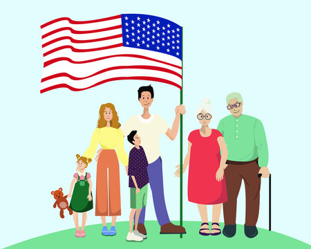 Flag Day in the United States, vector illustration. Family celebrating usa flag day, father holding flag, people illustration in cartoon style, isolated. Big American flag.