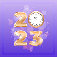 New Year 2023 greeting card template. Golden 3D numbers and a clock on a violet bokeh background with sparkles. Vector 10 EPS.