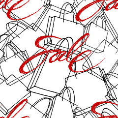 Vector seamless pattern: black linear paper shopping bags and red words sale. Design for banner, flyer, poster about discounts in shop or market.