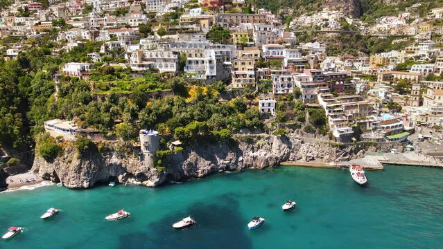 Aerial wide angle drone view of Positano village. Amalfi Coast, Italy