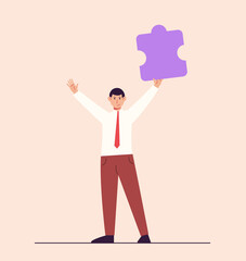 Young smiling man with puzzle. Office character with object. Team work concept man. Vector illustration concept.