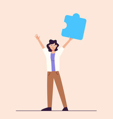 Young smiling woman with puzzle. Office character with object. Team work concept woman. Vector illustration concept.