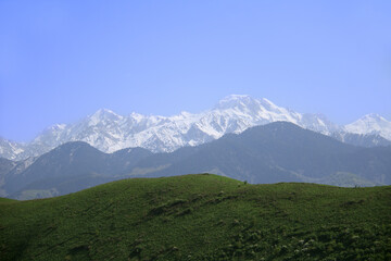 Fototapeta premium Snow-covered alpine ridge, Talgar peak in the middle, another ridge below and large green hills, clear sky, spring, sunny