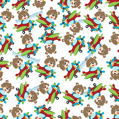 Obraz na płótnie Canvas Seamless pattern of Cute little fox flying on a airplane. funny animal cartoon. Creative vector childish background for fabric textile, nursery wallpaper, poster, brochure. and other decoration.