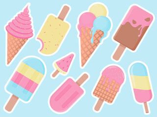 Ice cream stickers. Waffle ice cream and ice cream on a stick. Cute stickers. Vector illustration/
