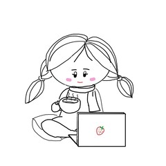 cute girl cartoon character on isolate white background. A sketch for coloring. Coloring antistress.Doodle illustration freehand drawing. woman drinking coffee and using computer.