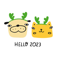 Hello 2023. Dog and cat wearing Christmas deer horns. Flat vector illustration. 