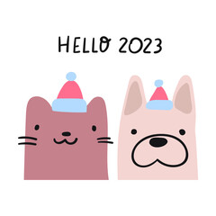 Hello 2023. Dog and cat. Flat vector hand drawn illustration.