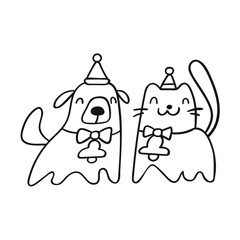 Cat and dog. Christmas party. Outline vector illustration.