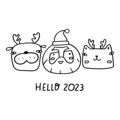 Santa with dog and cat. Hello 2023. Outline vector illustration on white background.