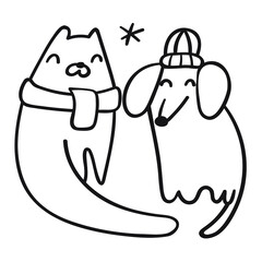 Cat wearing scarf and dog wearing hat. Friends. Outline vector illustration.