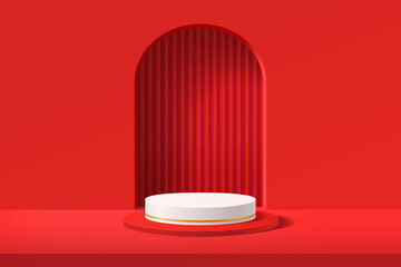 Empty 3d white round podium and red abstract geometric shape arch style background