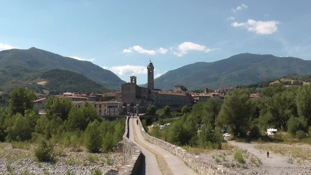 View of Bobbio from the hunchbacked bridge or old bridge (Italy)