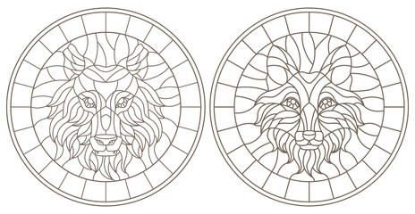 Set of contour stained glass illustrations with fox and wolf heads, round images, dark outline on white background