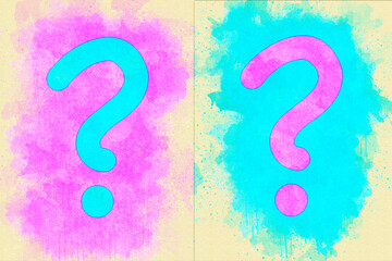 two question marks in the colors of blue and pink in watercolors