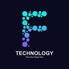 Abstract Letter  F with molecule element and dots connection vector logo design. This for biotechnology molecule atom DNA chip symbol, Medicine, science, technology, laboratory, electronics