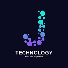 Abstract Letter J with molecule element and dots connection vector logo design. This for biotechnology molecule atom DNA chip symbol, Medicine, science, technology, laboratory, electronics