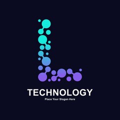 Abstract Letter L with molecule element and dots connection vector logo design. This for biotechnology molecule atom DNA chip symbol, Medicine, science, technology, laboratory, electronics