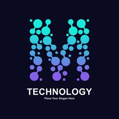 Abstract Letter M with molecule element and dots connection vector logo design. This for biotechnology molecule atom DNA chip symbol, Medicine, science, technology, laboratory, electronics