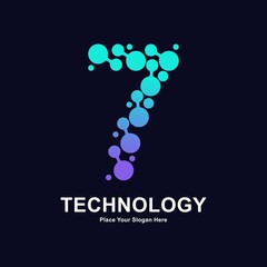Abstract number 7 with molecule element and dots connection vector logo design. Suitable for biotechnology molecule atom DNA chip symbol, Medicine, science, technology, laboratory, electronics