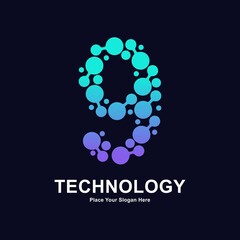 Abstract number 9 with molecule element and dots connection vector logo design. Suitable for biotechnology molecule atom DNA chip symbol, Medicine, science, technology, laboratory, electronics