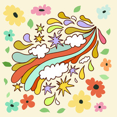 Naklejka premium Vector set of hand-drawn flowers in retro style with abstract elements.-4.eps, Vector set of hand-drawn flowers in retro style with abstract elements
