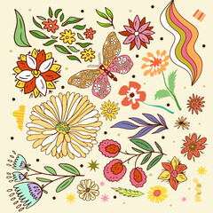 Vector set of hand-drawn flowers in retro style with abstract elements.-4.eps, Vector set of hand-drawn flowers in retro style with abstract elements