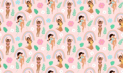 Seamless pattern of body positive happy women, rainbows, flowers, monstera leaves and twigs on pink background.