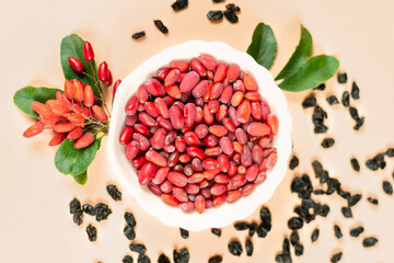 Fresh red and dried barberry berries in a cup with green leaves on a beige background close-up.