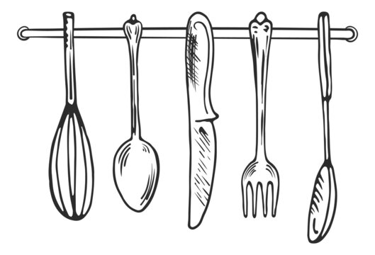 Cutlery hanging on kitchen wall. Kitchenware black sketch